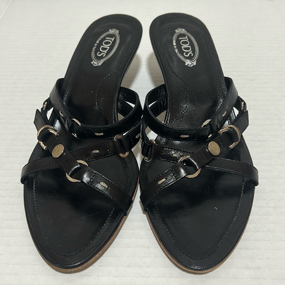 Tod's Black Leather Crisscross Slide Sandals with Gold Accents